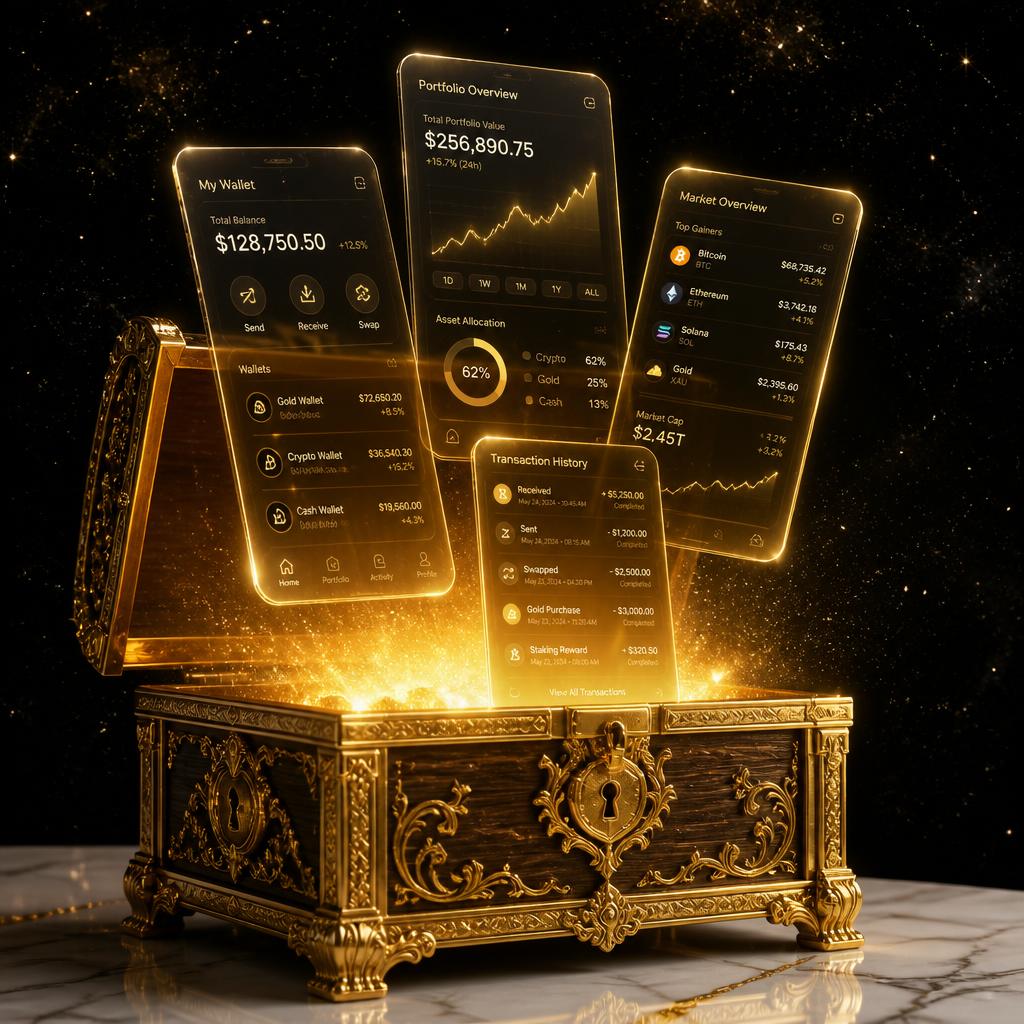 Ornate golden treasure chest glowing with fintech dashboards floating above